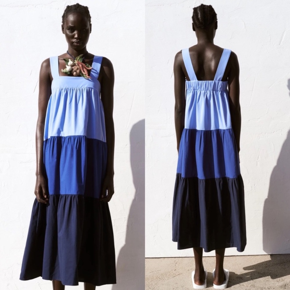 Zara TIERED POPLIN A-LINE MIDI DRESS BLUE XS NEW